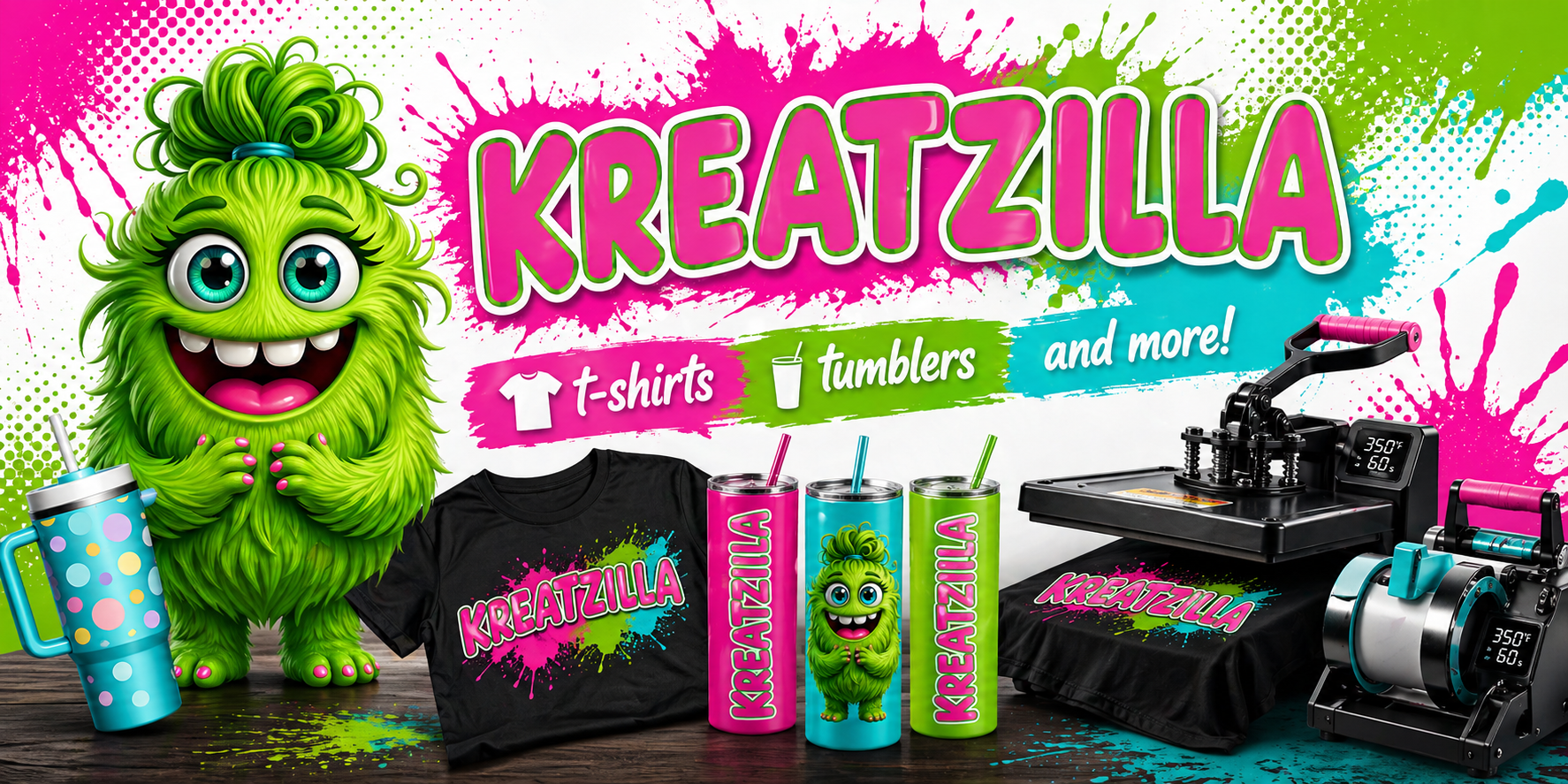 Promotional banner for Kreatzilla with a green cartoon character, t-shirts, tumblers, and a printing machine.